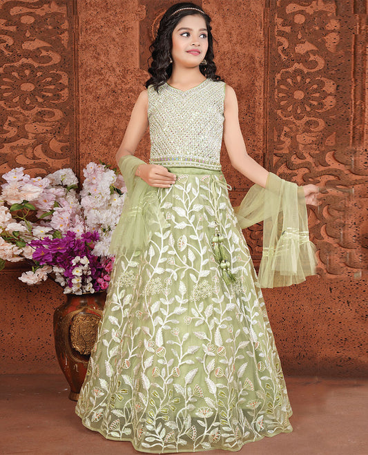 Green net cholly set, floral vine embroidered full-length skirt, sleeveless leaf-neck embroidered crop top & net dupatta