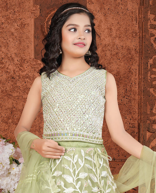 Green net cholly set, floral vine embroidered full-length skirt, sleeveless leaf-neck embroidered crop top & net dupatta