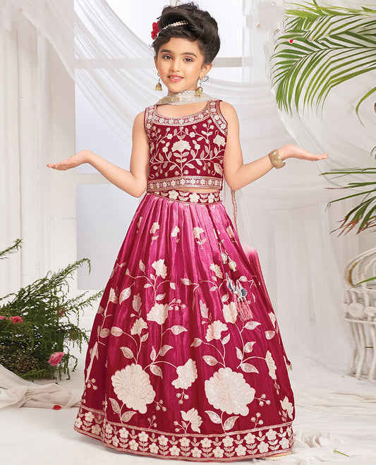 Maroon cholly set,floral vine embroidery full-length skirt,sleeveless roundneck embroidery crop top & dual-color dupatta