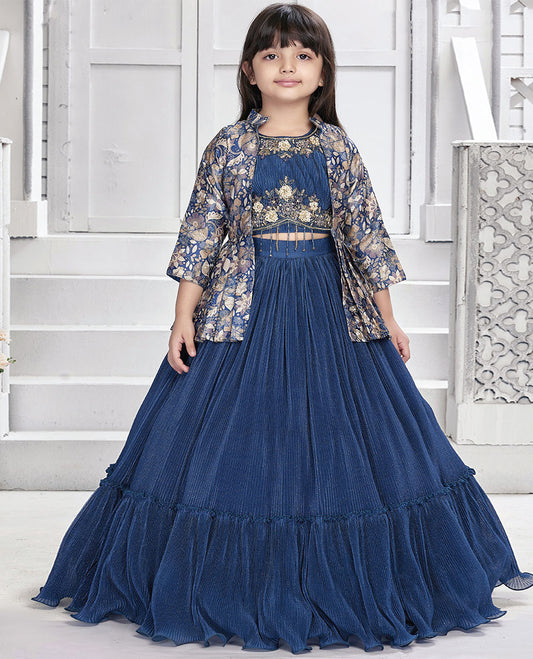 Blue cholly set, glitter work full-length skirt, mixed embroidery crop top & floral printed 3/4th sleeve short shrug