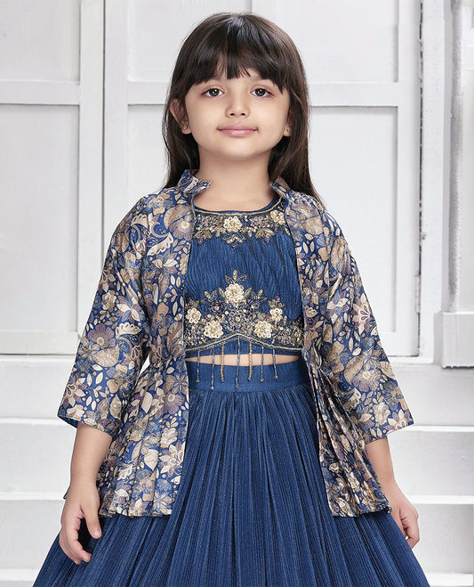 Blue cholly set, glitter work full-length skirt, mixed embroidery crop top & floral printed 3/4th sleeve short shrug