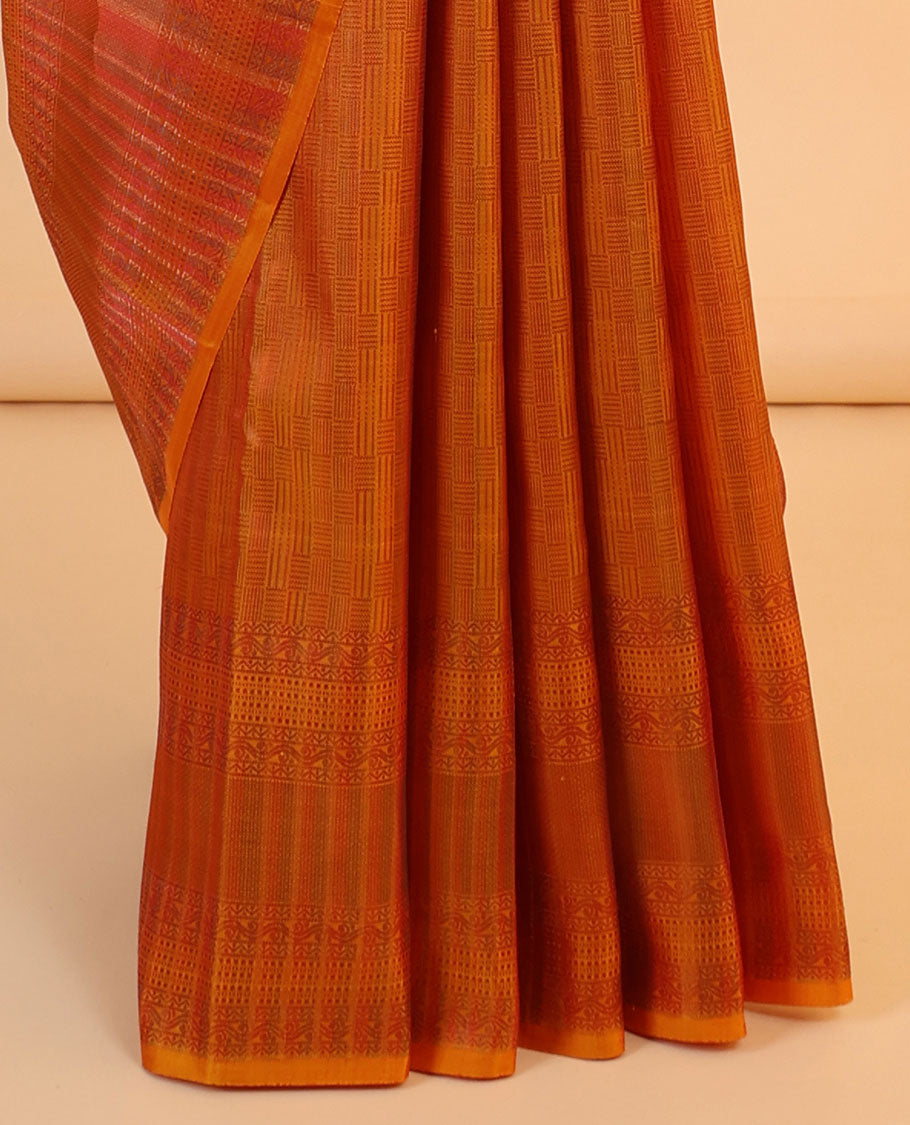 Orange jacquard vasundhara 3D silk saree, jaal pallu & zari border of neli,muthu & rettai neli poun design