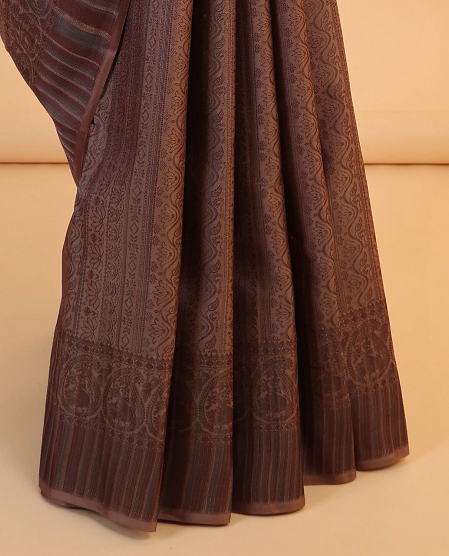 Brown jacquard Vasundhara 3D silk saree, jaal design pallu & zari border of poun, mayil arumbu manga & mayil kann