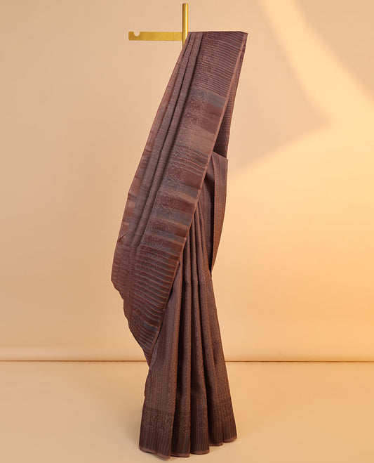 Brown jacquard Vasundhara 3D silk saree, jaal design pallu & zari border of poun, mayil arumbu manga & mayil kann