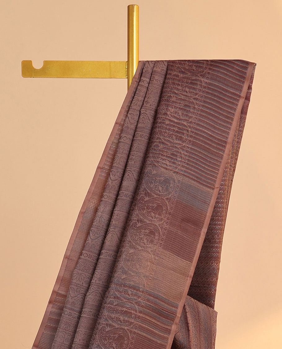 Brown jacquard Vasundhara 3D silk saree, jaal design pallu & zari border of poun, mayil arumbu manga & mayil kann