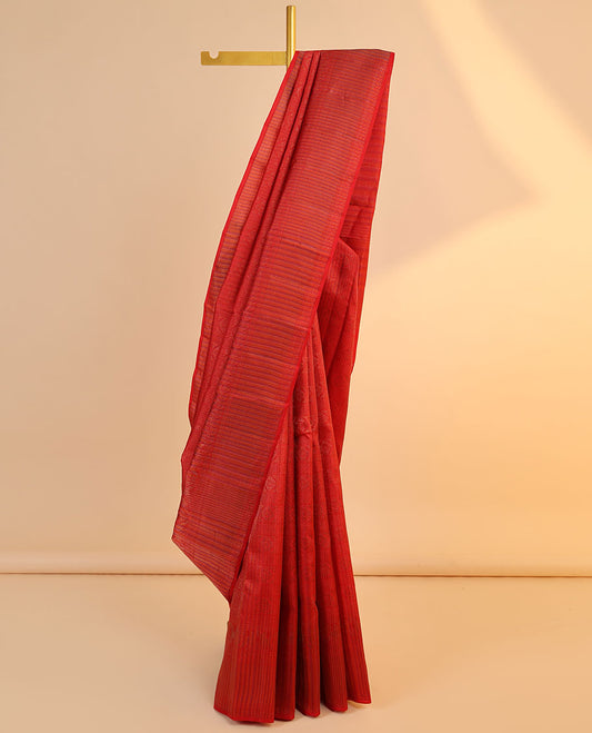 Red jacquard Vasundhara 3D silk saree, jaal design pallu & zari border of traditional designs