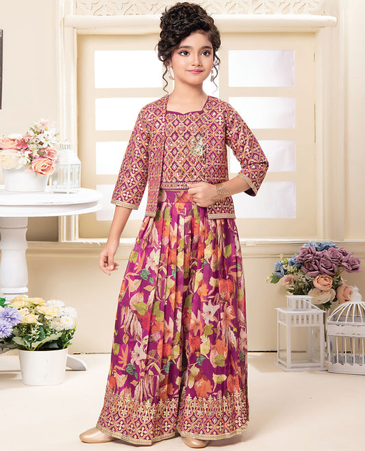 Pink cholly set,floral printed full-length skirt,intricately embroidered crop top & embroidered 3/4th sleeve short shrug