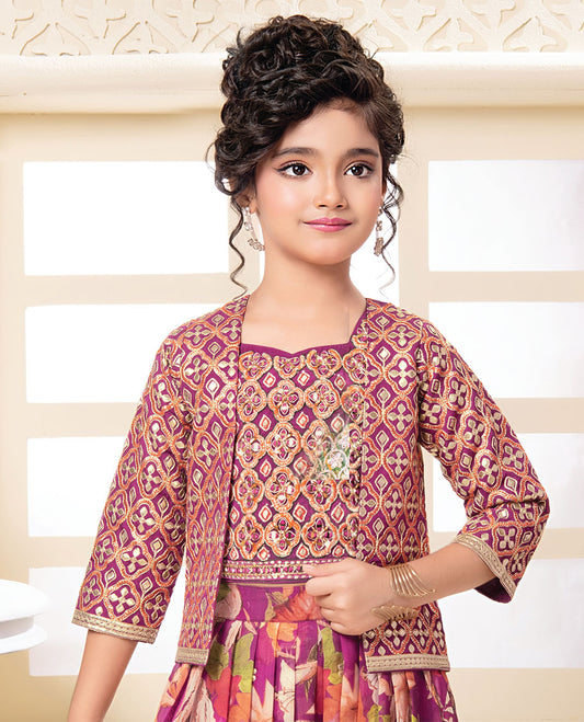 Pink cholly set,floral printed full-length skirt,intricately embroidered crop top & embroidered 3/4th sleeve short shrug