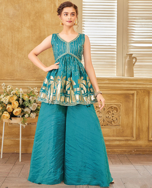 Blue embroidered alia-cut sleeveless short top with matching sharara plain pants
