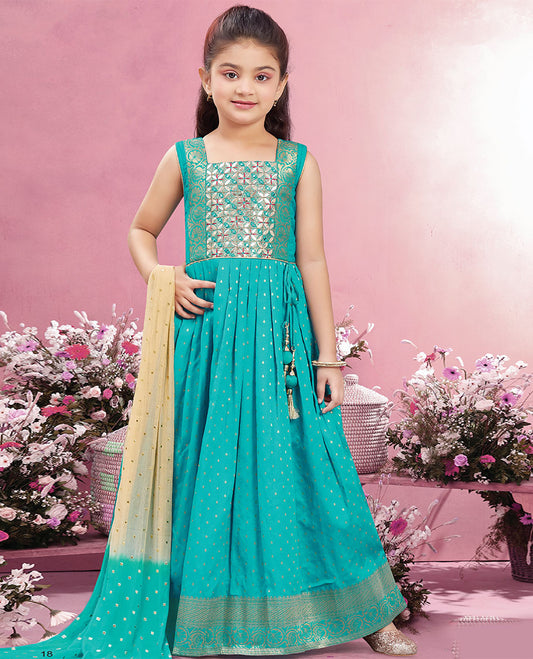 Blue embroidered & buttas square-neck sleeveless full-length chudidar with double color buttas dupatta