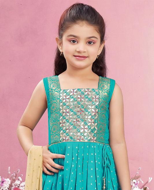 Blue embroidered & buttas square-neck sleeveless full-length chudidar with double color buttas dupatta