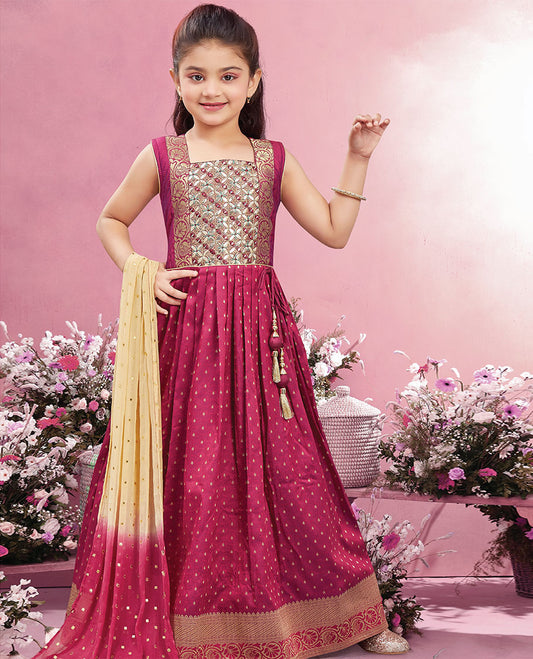 Maroon embroidered & buttas square-neck sleeveless full-length chudidar with double color buttas dupatta