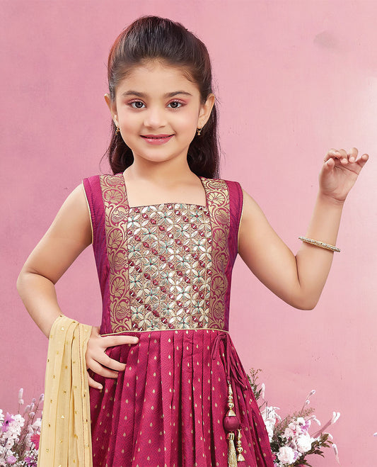 Maroon embroidered & buttas square-neck sleeveless full-length chudidar with double color buttas dupatta