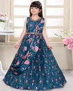 Blue floral printed & attached dupatta embroidered round-neck sleeveless full-length gown