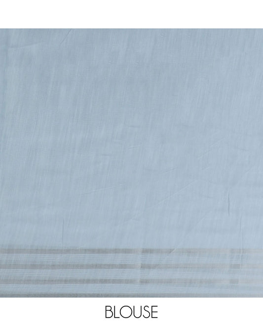 Pale blue uniquely printed budget cotton saree, striped border & pallu of intricate print