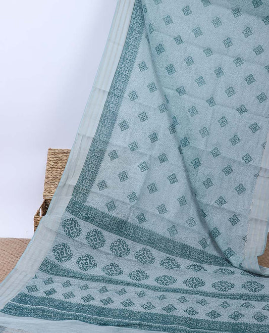 Pale blue uniquely printed budget cotton saree, striped border & pallu of intricate print