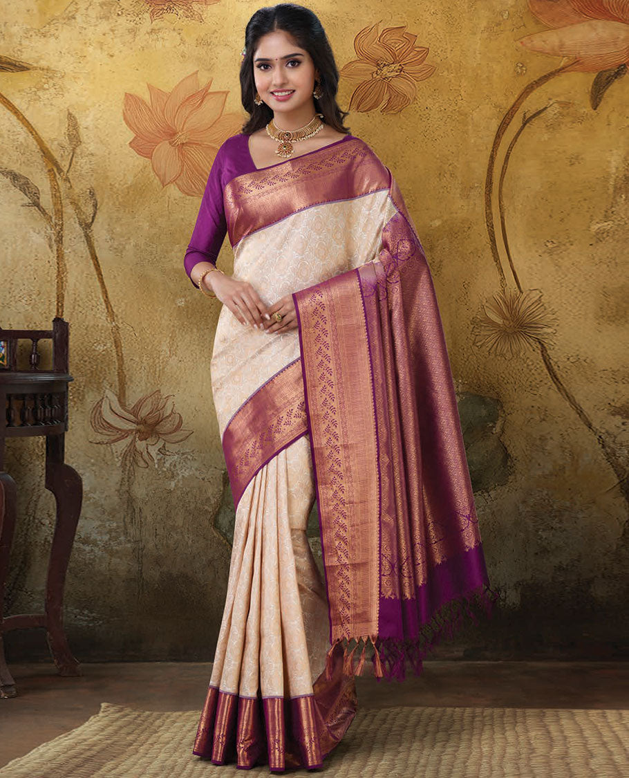 Cream jacquard kanchipuram silk saree, contrast traditional design zari border & jaal pallu