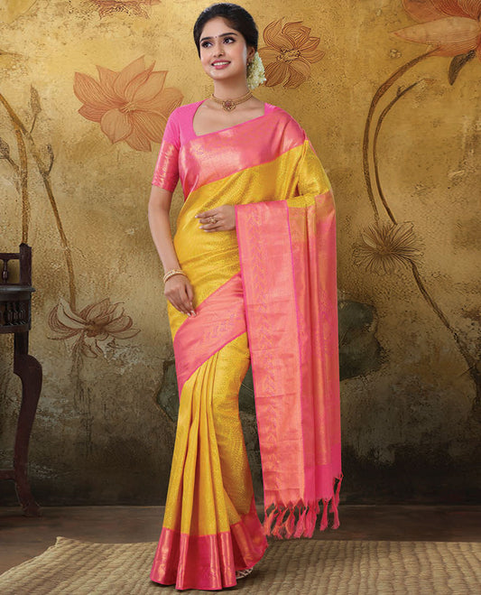 Yellow jacquard Kanchipuram silk saree, contrast traditional design zari border & intricate design weave pallu