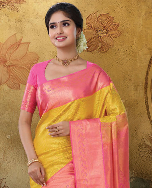 Yellow jacquard Kanchipuram silk saree, contrast traditional design zari border & intricate design weave pallu