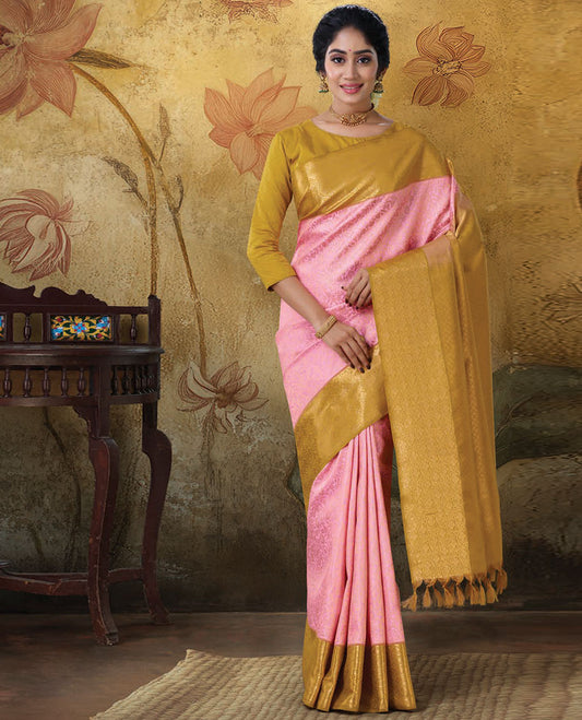 Pink floral jaal jacquard Kanchipuram silk saree, contrast intricate zari design border & zari enriched jaal pallu