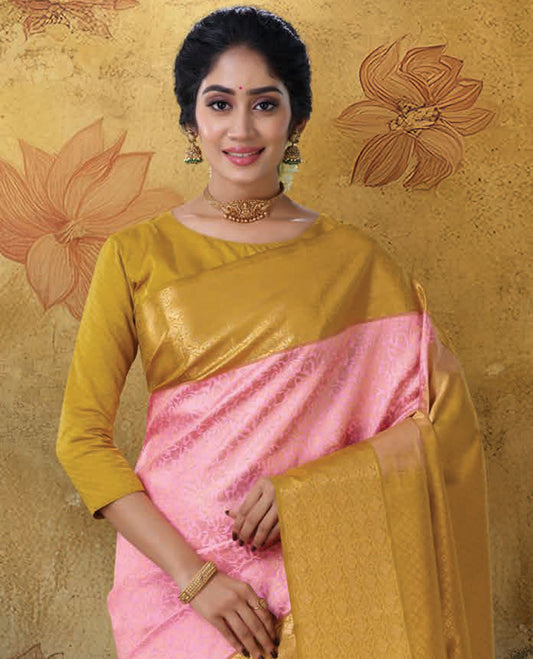 Pink floral jaal jacquard Kanchipuram silk saree, contrast intricate zari design border & zari enriched jaal pallu
