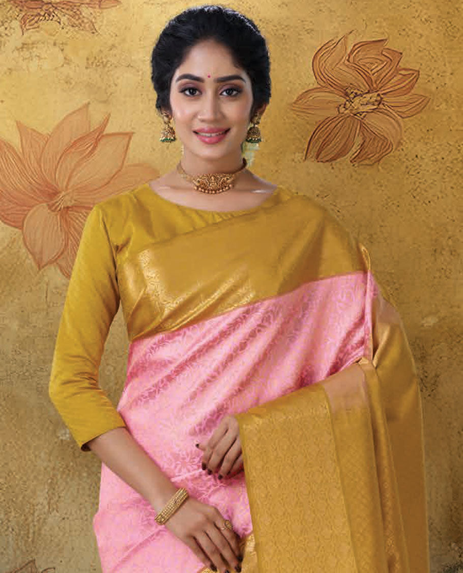Pink floral jaal jacquard Kanchipuram silk saree, contrast intricate zari design border & zari enriched jaal pallu