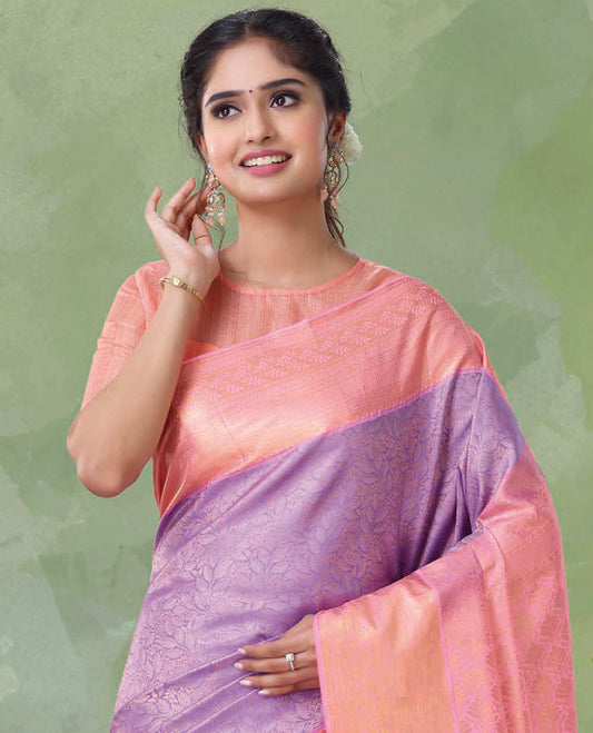 Violet jacquard Kanchipuram silk saree, contrast ogee patterned pallu & border of traditional design in zari