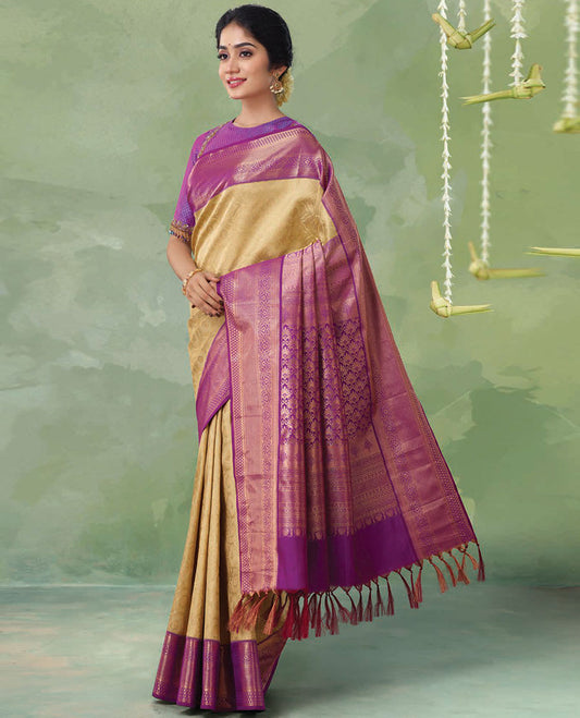 Gold jacquard kanchipuram silk saree, contrast intricate zari pallu & traditional zari border