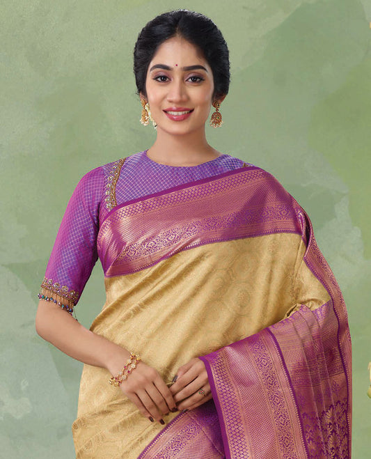 Gold jacquard kanchipuram silk saree, contrast intricate zari pallu & traditional zari border