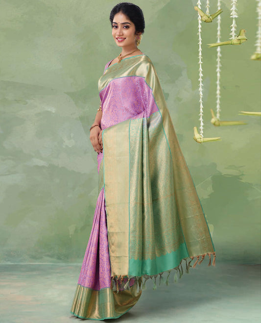 Violet kanchipuram silk saree, contrast intricate jaal design & traditional zari border