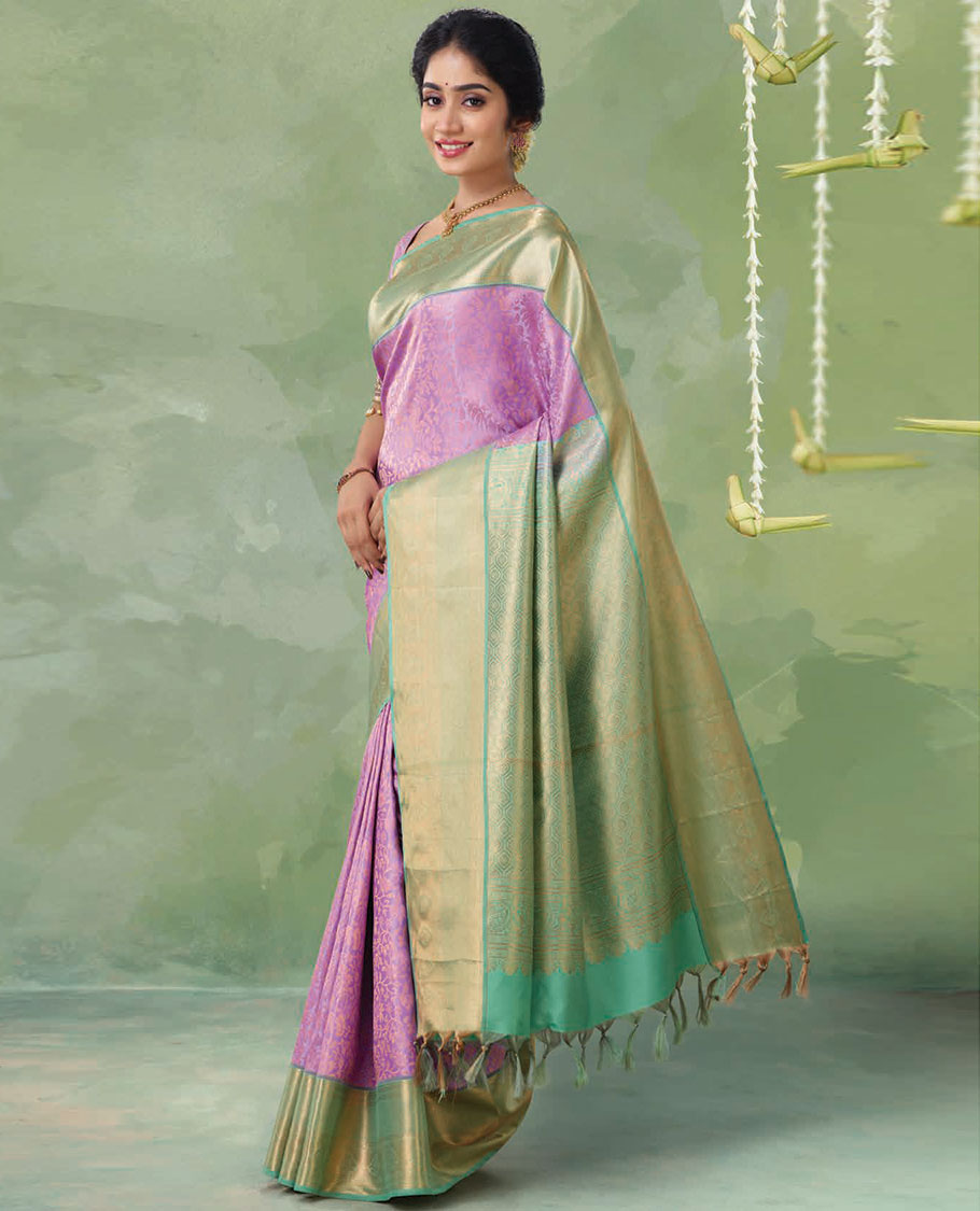 Violet kanchipuram silk saree, contrast intricate jaal design & traditional zari border