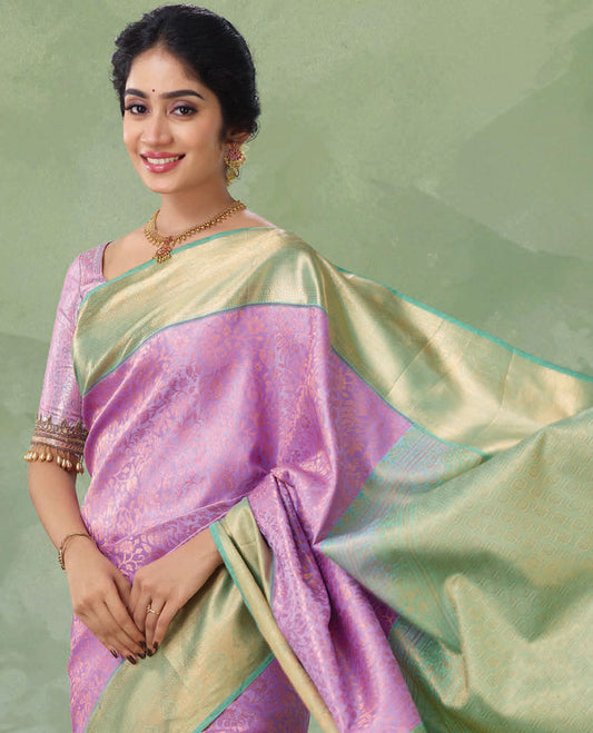 Violet kanchipuram silk saree, contrast intricate jaal design & traditional zari border