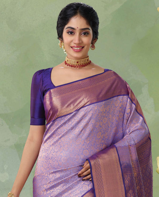 Violet jacquard kanchipuram silk saree, contrast jaal pallu & border of thilakam, neli kathir & jaal