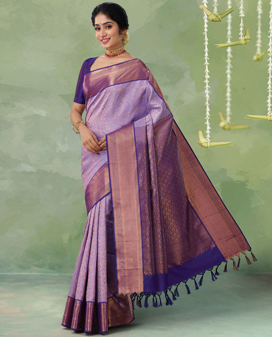 Violet jacquard kanchipuram silk saree, contrast jaal pallu & border of thilakam, neli kathir & jaal