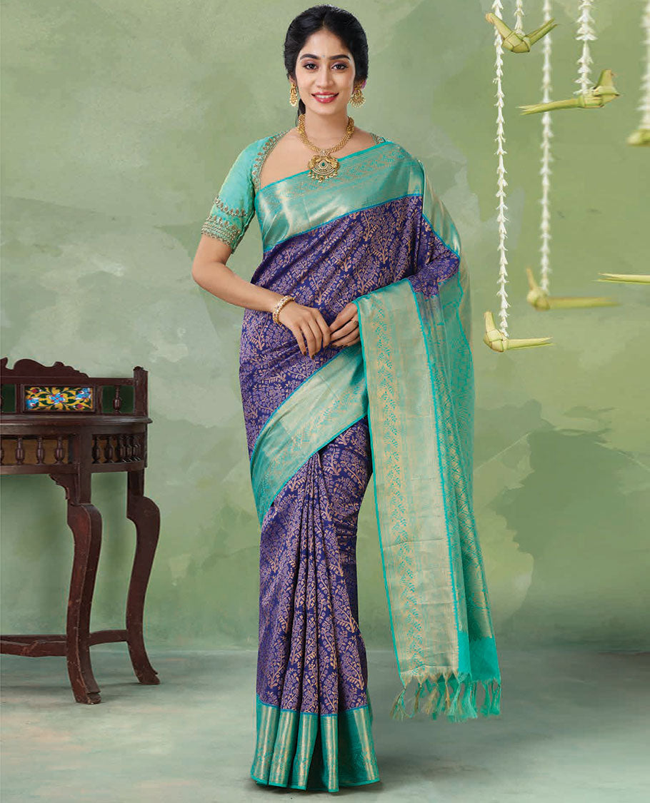 Blue jacquard kanchipuram silk saree, contrast traditional design zari border & jaal pallu