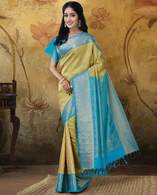 Green jacquard kanchipuram silk saree, contrast traditional design zari border & jaal pallu