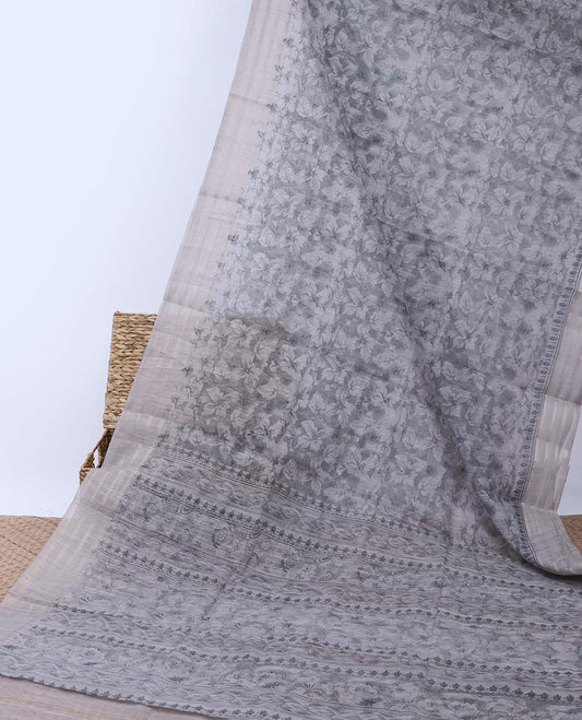 Grey floral printed budget cotton saree, striped border & pallu of floral print