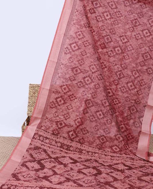 Red intricate design budget cotton saree, plain border & abstract printed pallu of argyle designs
