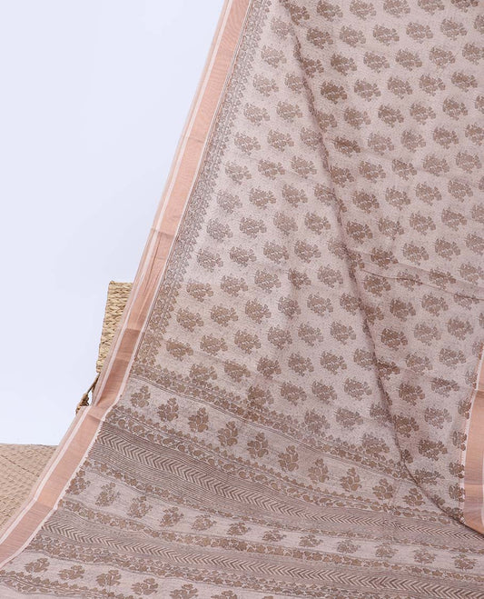 Pale brown floral motifs printed budget cotton saree, plain border & pallu of floral & chevron print