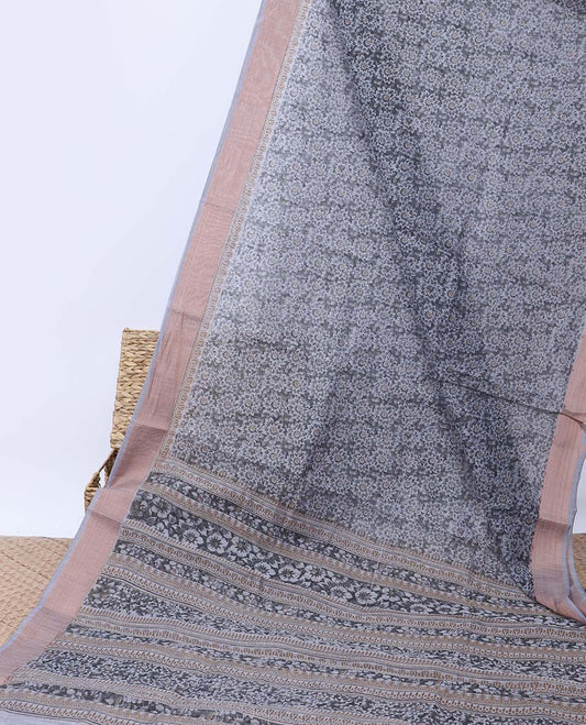 Grey floral printed budget cotton saree, plain border & pallu of floral & geometric print