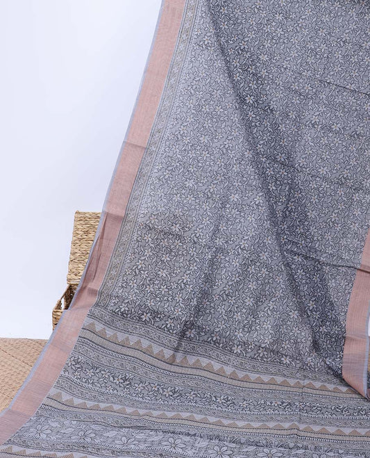 Grey floral printed budget cotton saree, plain border & pallu of floral & geometric print