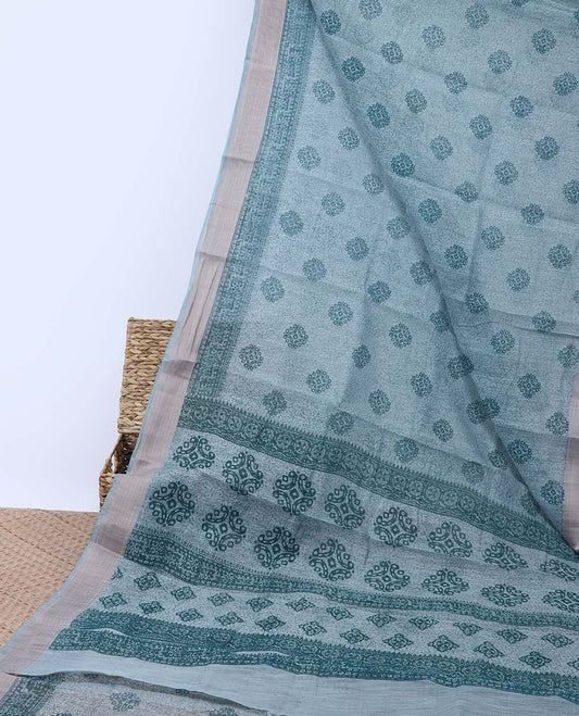 Blue uniquely printed budget cotton saree, self-border & pallu of intricate print
