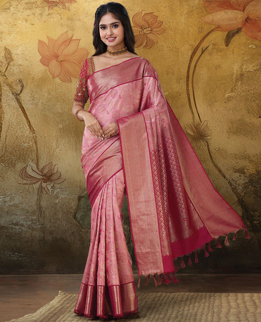 Pink jacquard kanchipuram wedding silk saree, contrast jaal pallu & border of neli kathir,mayil kann & muthu