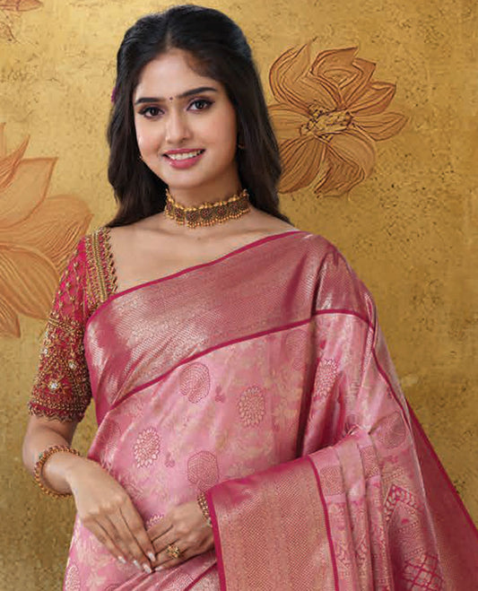 Pink jacquard kanchipuram wedding silk saree, contrast jaal pallu & border of neli kathir,mayil kann & muthu
