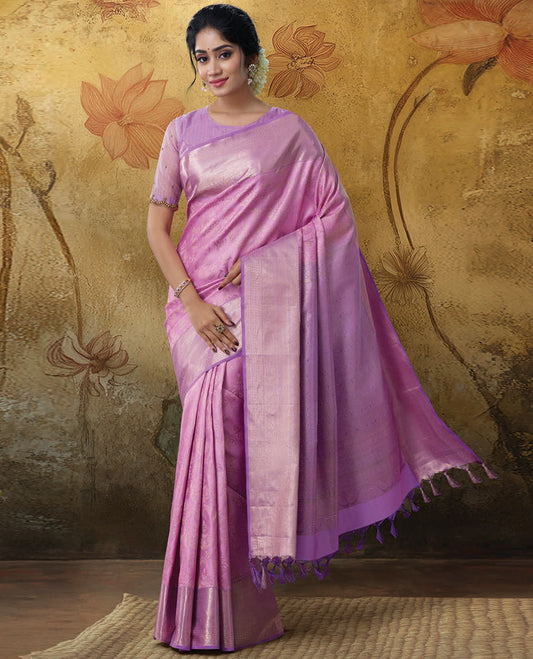 Pink jacquard kanchipuram wedding silk saree, contrast traditional zari border & pallu of geometric zari designs