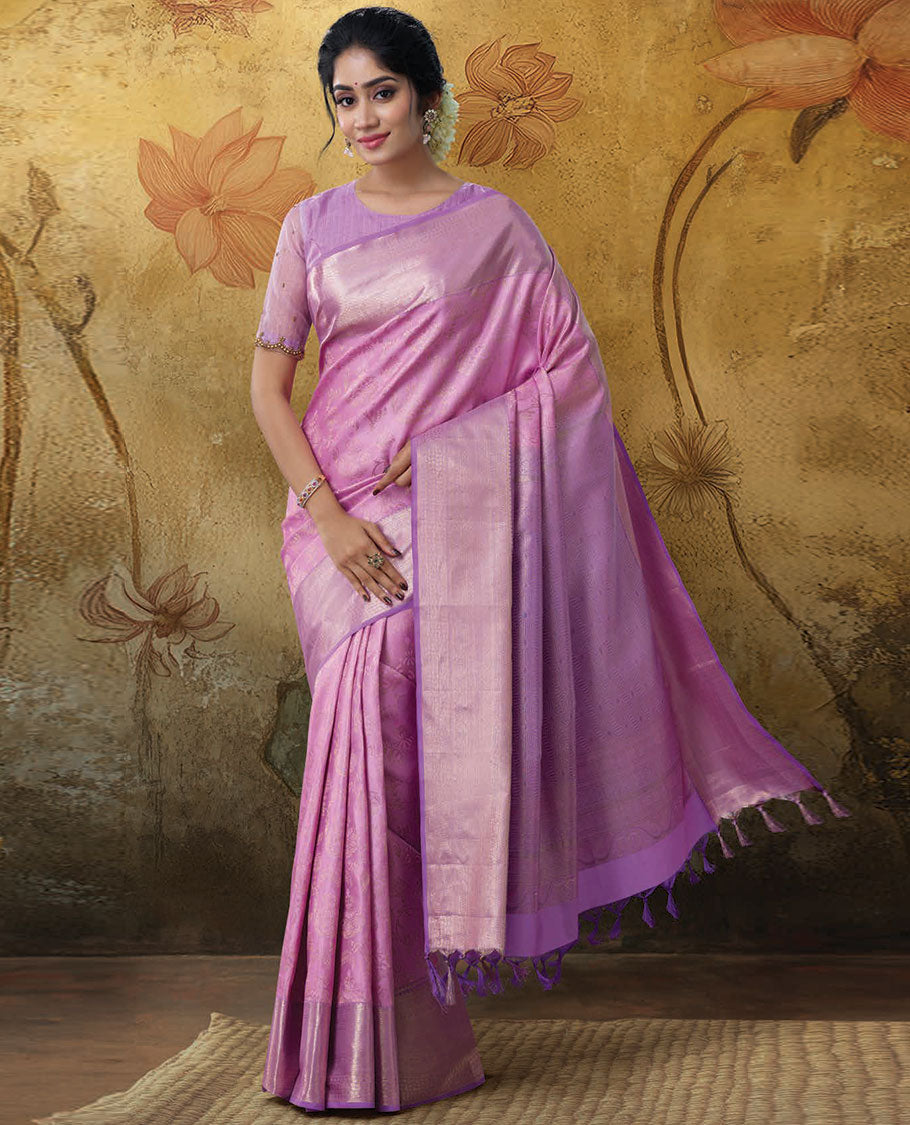 Pink jacquard kanchipuram wedding silk saree, contrast traditional zari border & pallu of geometric zari designs