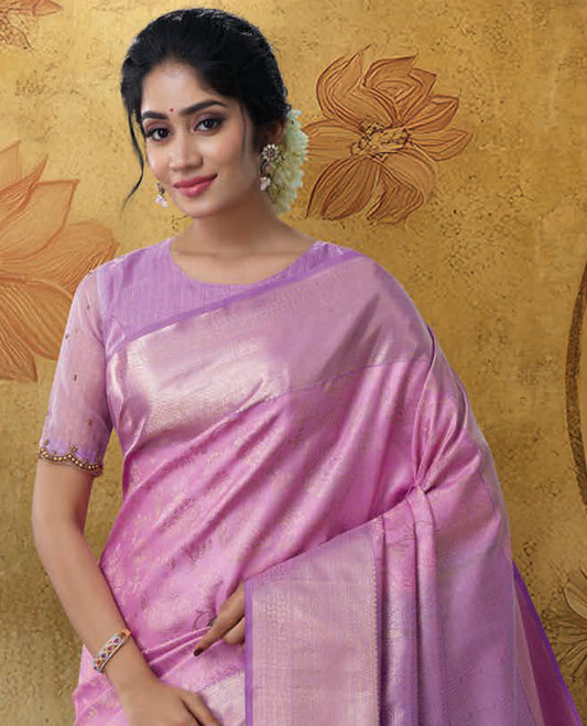 Pink jacquard kanchipuram wedding silk saree, contrast traditional zari border & pallu of geometric zari designs