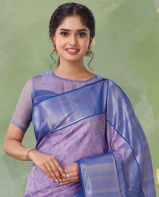 Violet jacquard Kanchipuram wedding silksaree, contrast jaal pallu & border steeped with geometric patterns in zari 