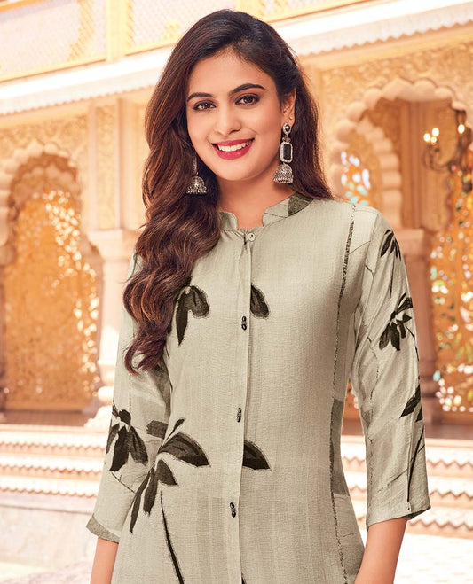 Twara beige floral printed collared 3/4th sleeve below-knee kurti