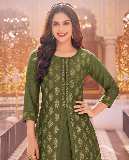Twara green unique buttas round-neck 3/4th sleeve umbrella-style a-line knee-length attached-coat-style kurti